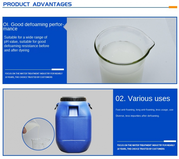 Anti-mousse de teinture industriel de silicone de suppression de mousse d'impression de tissus de traitement des eaux usées de catégorie 3